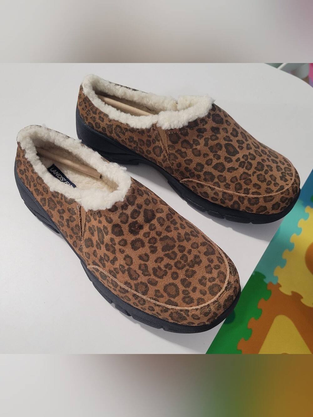 Lands' End Leopard-Print Faux-Shearling Slip-Ons - Tan and Black